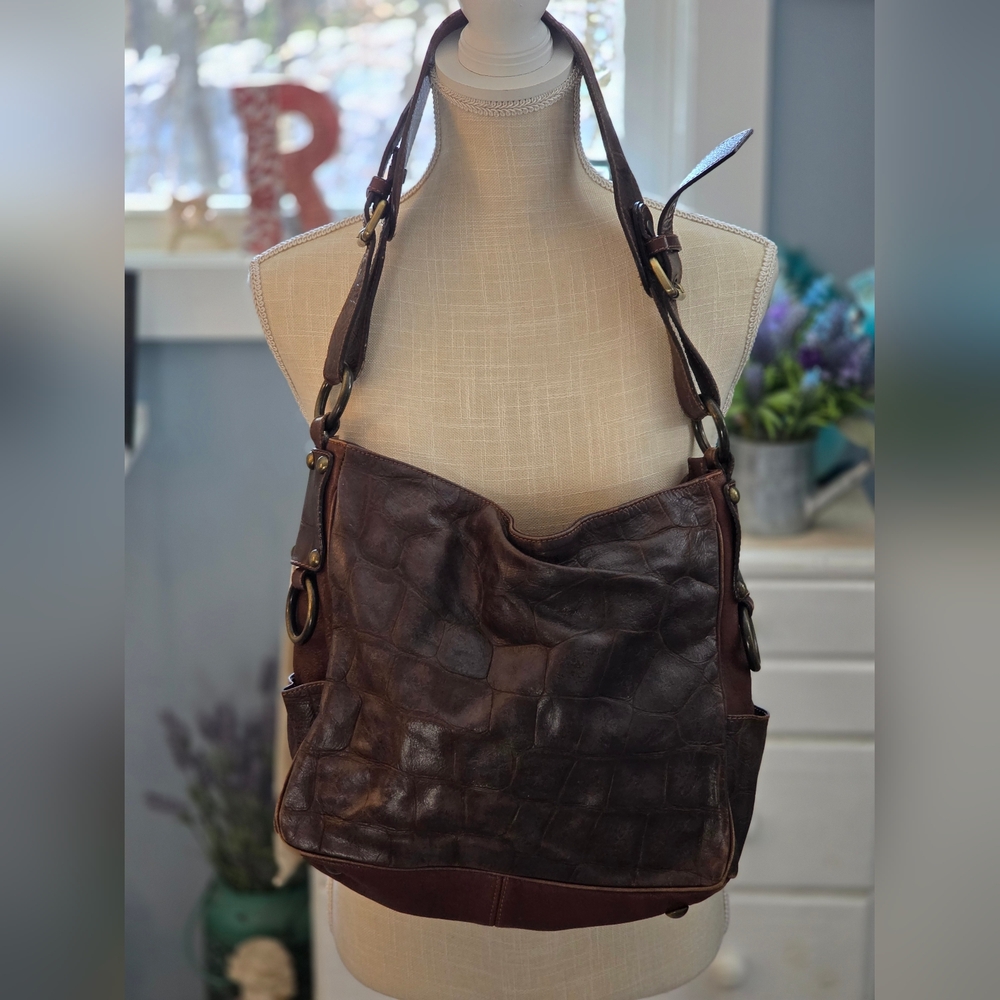 Pulicati Brown Croc-Embossed Genuine Leather Shoulder Bag